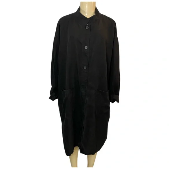 Eileen Fisher Tencel Linen Long Jacket Size M/L Black Button Down - Picture 3 of 10